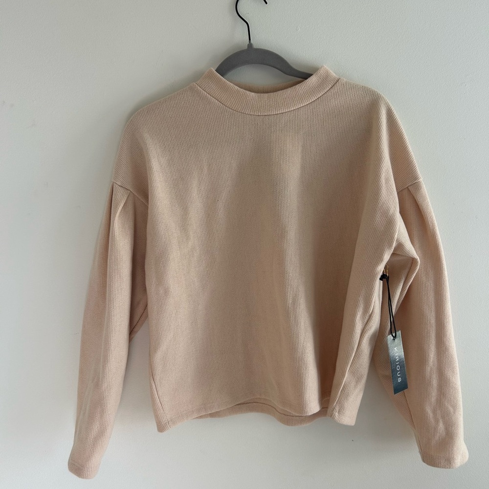BRAND NEW Kirious Womens Sweater Pleated Sleeve Mock Neck Ribbed Knit Beige